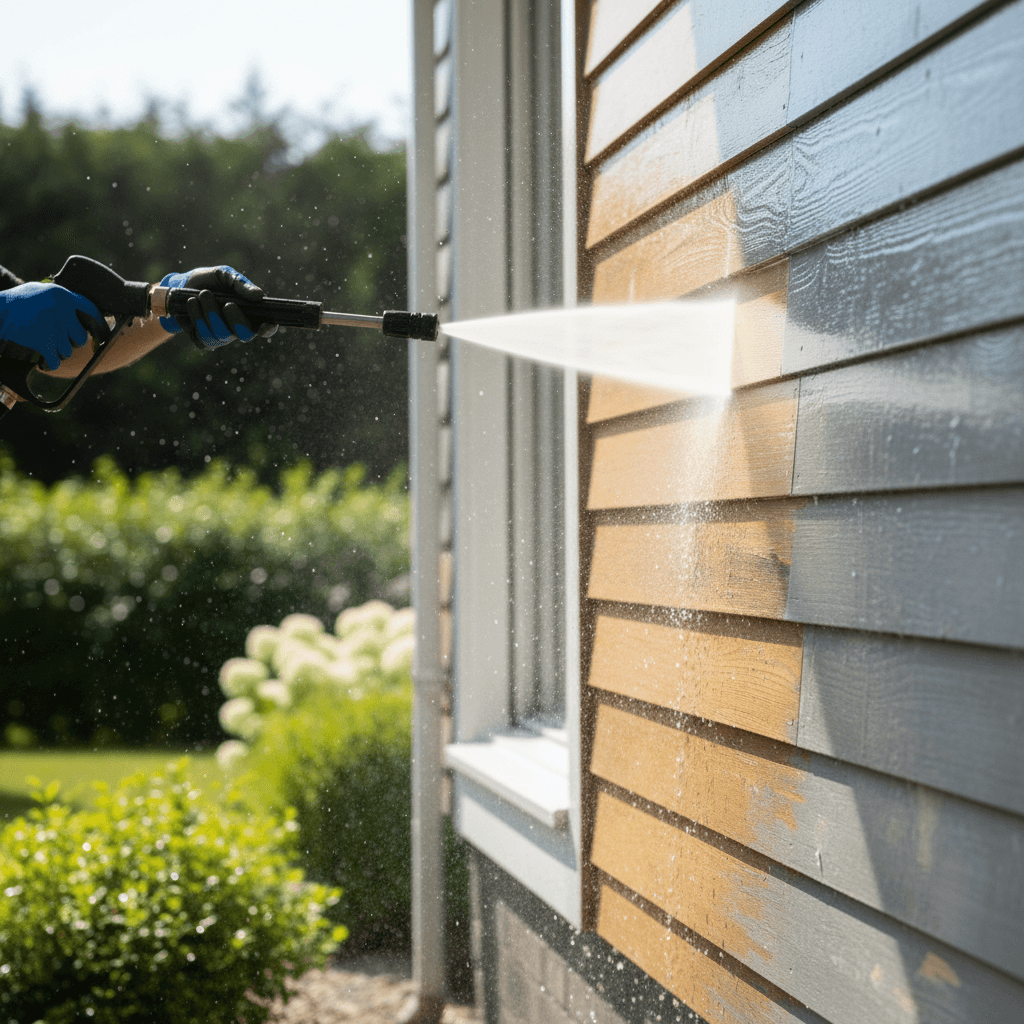 Pressure washing residential home exterior