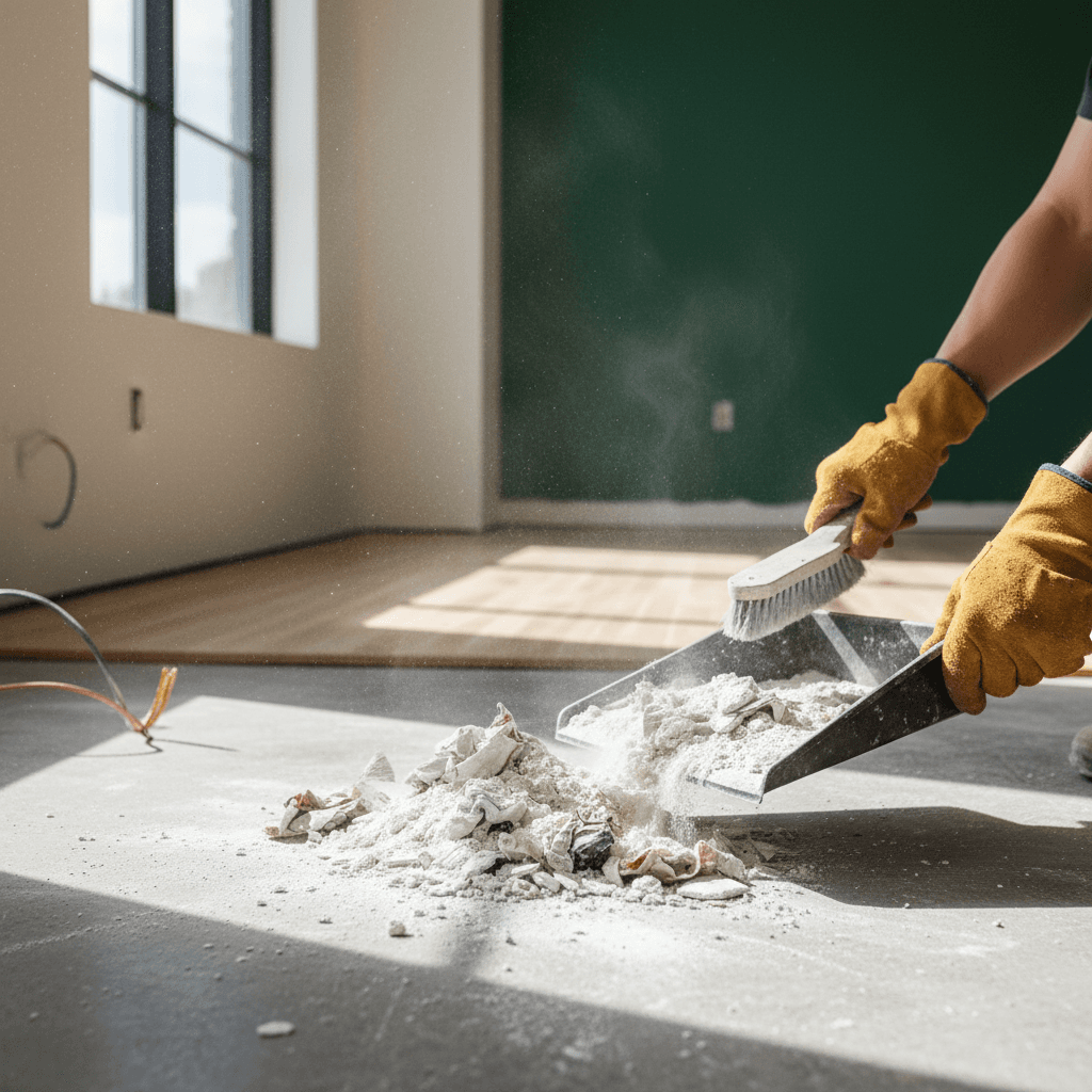 Post-construction cleanup removing debris and dust