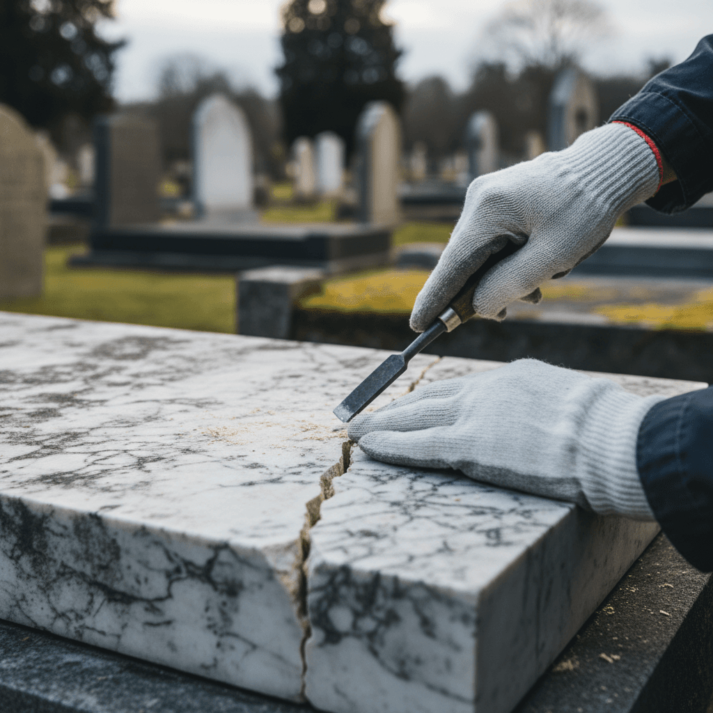 Stone repair work on gravestone crack or damage