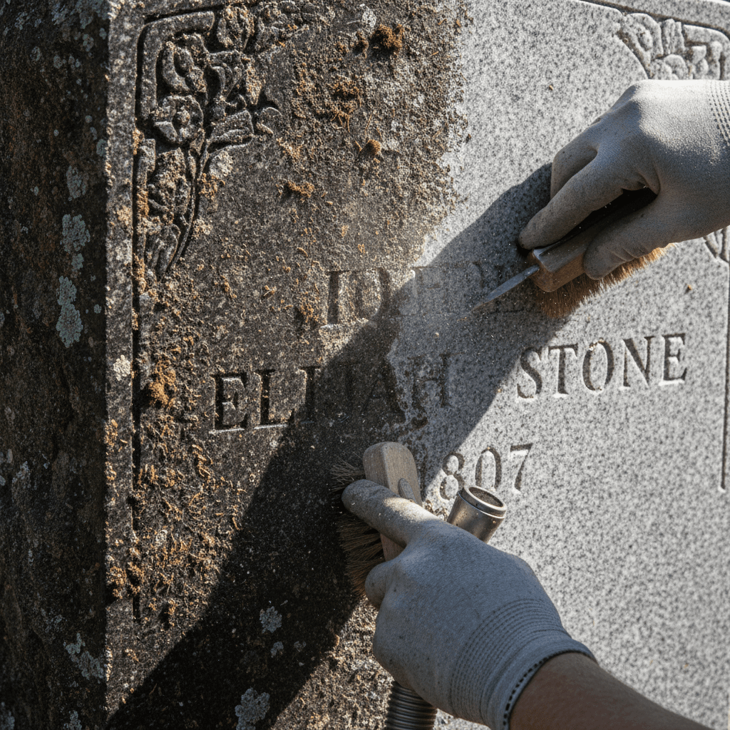 Gravestone mid-restoration showing contrast between cleaned and uncleaned stone sections