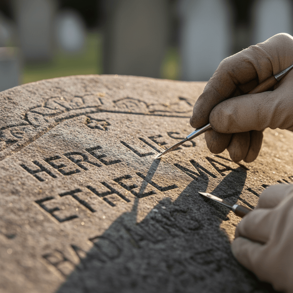 Close-up of hands restoring faded gravestone inscription