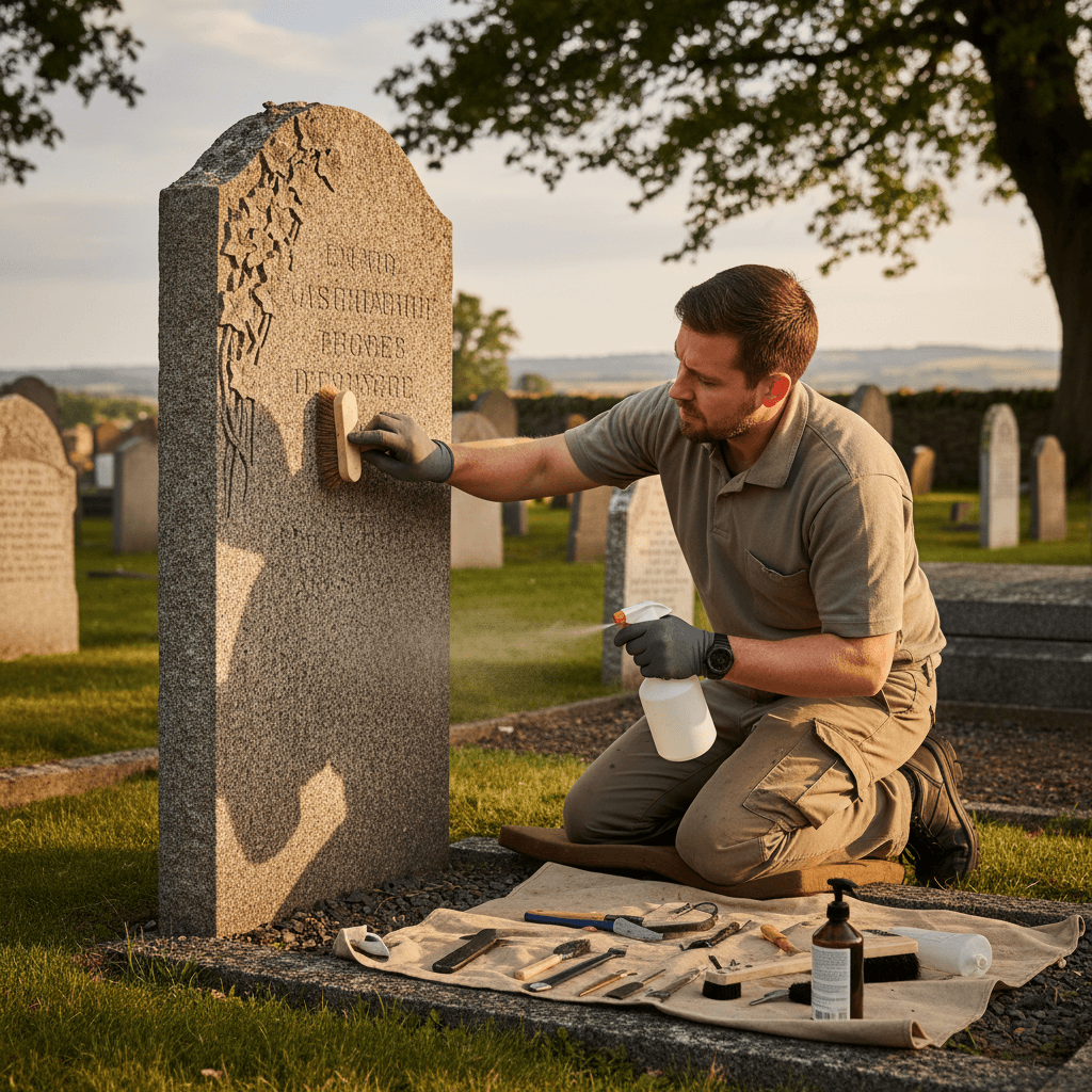 Gravesite restoration work being performed with care and specialized techniques
