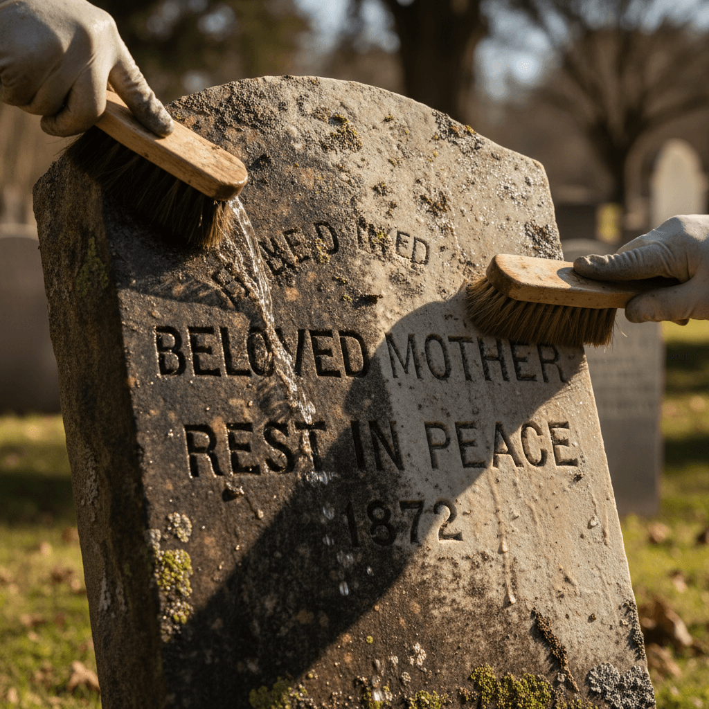 Gravestone restoration showing cleaned engraved text