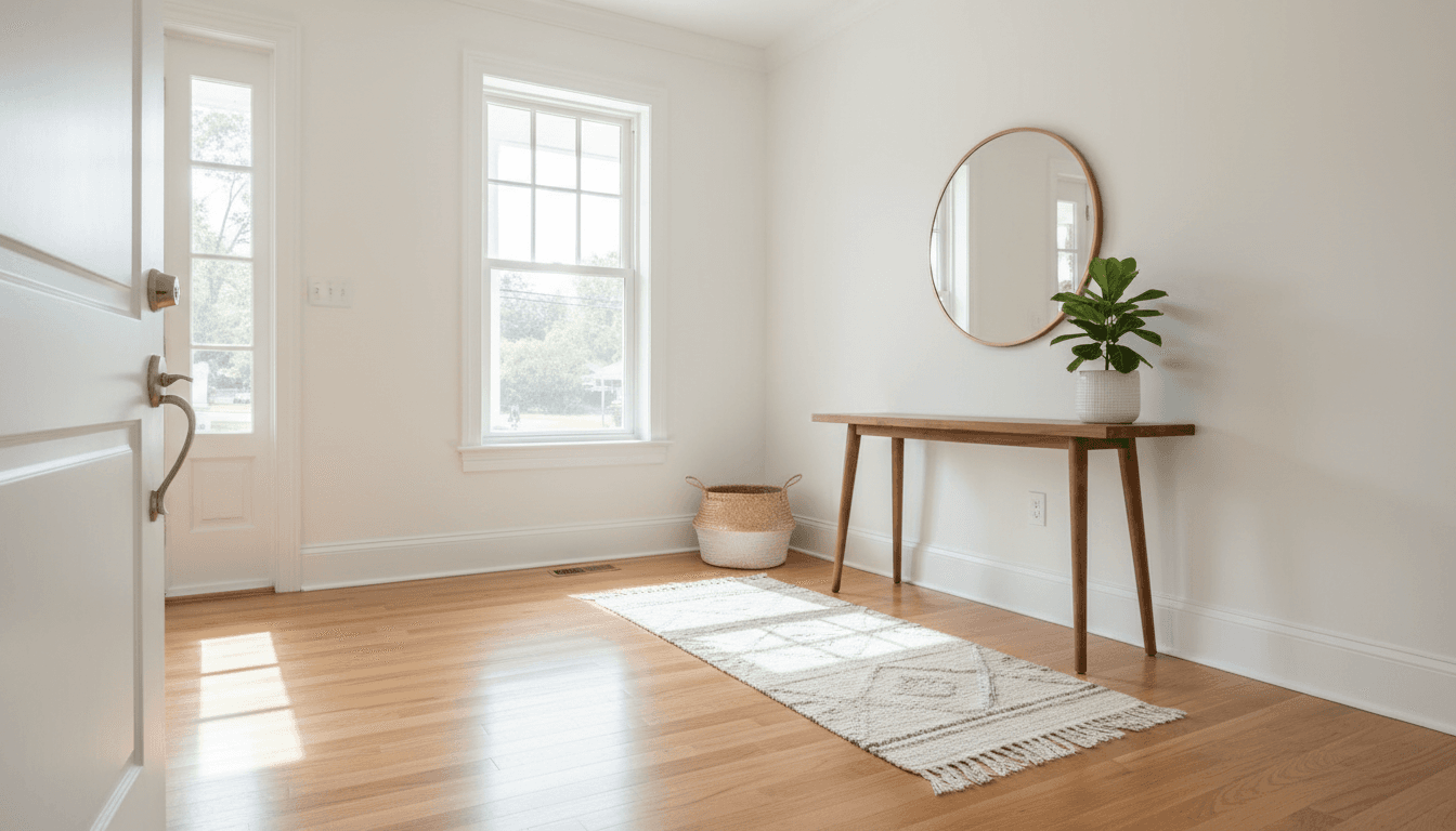 Freshly cleaned and restored residential entryway with gleaming hardwood floors and bright natural lighting