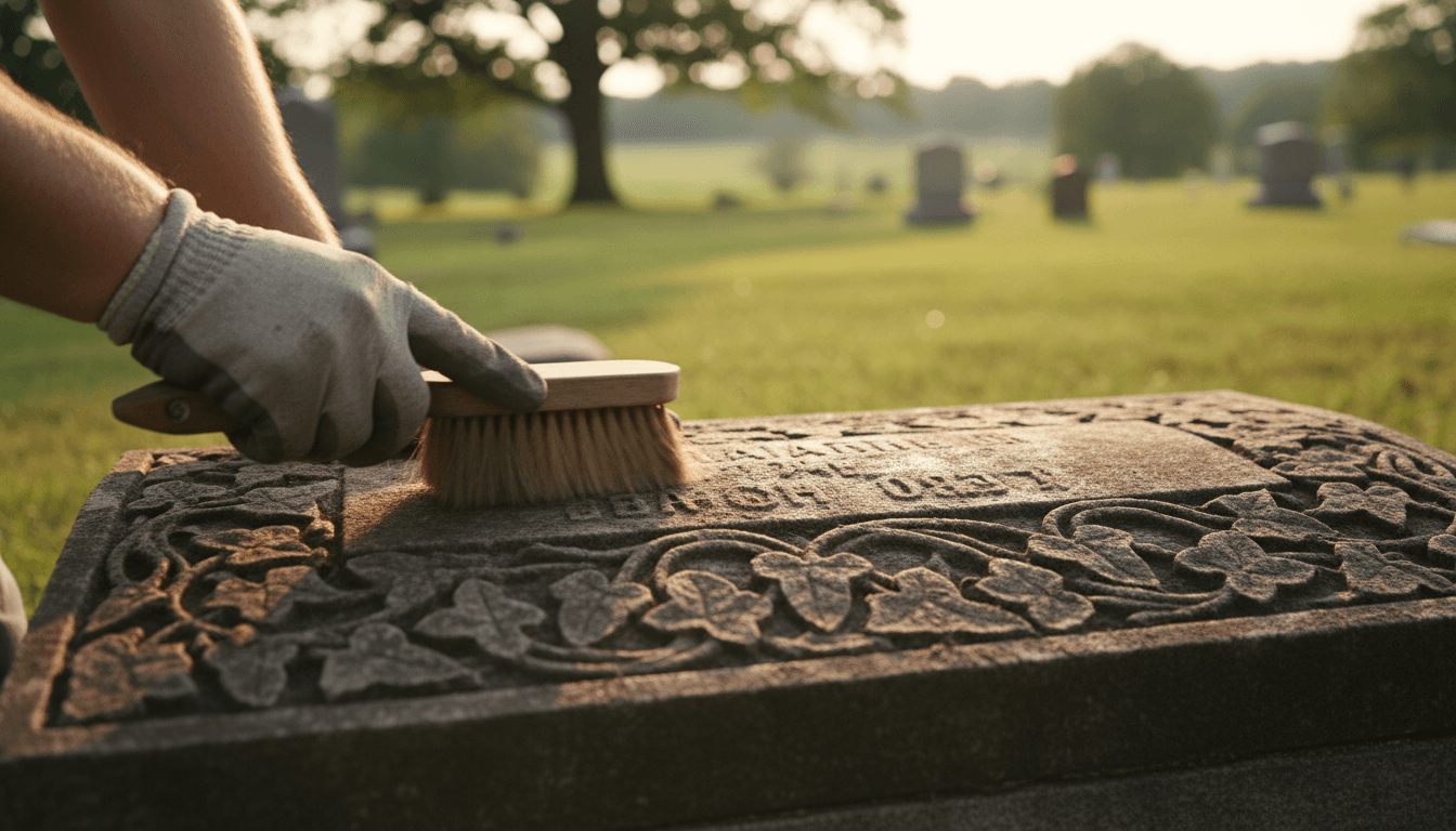 Hands carefully restoring and cleaning a gravestone with detailed attention and care