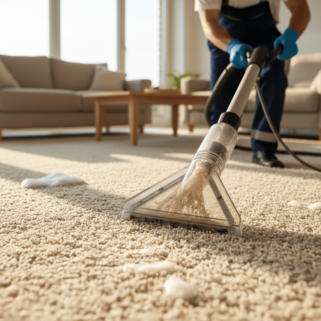 Carpet cleaning technician operating extraction machine on residential carpet, professional cleaning equipment in action