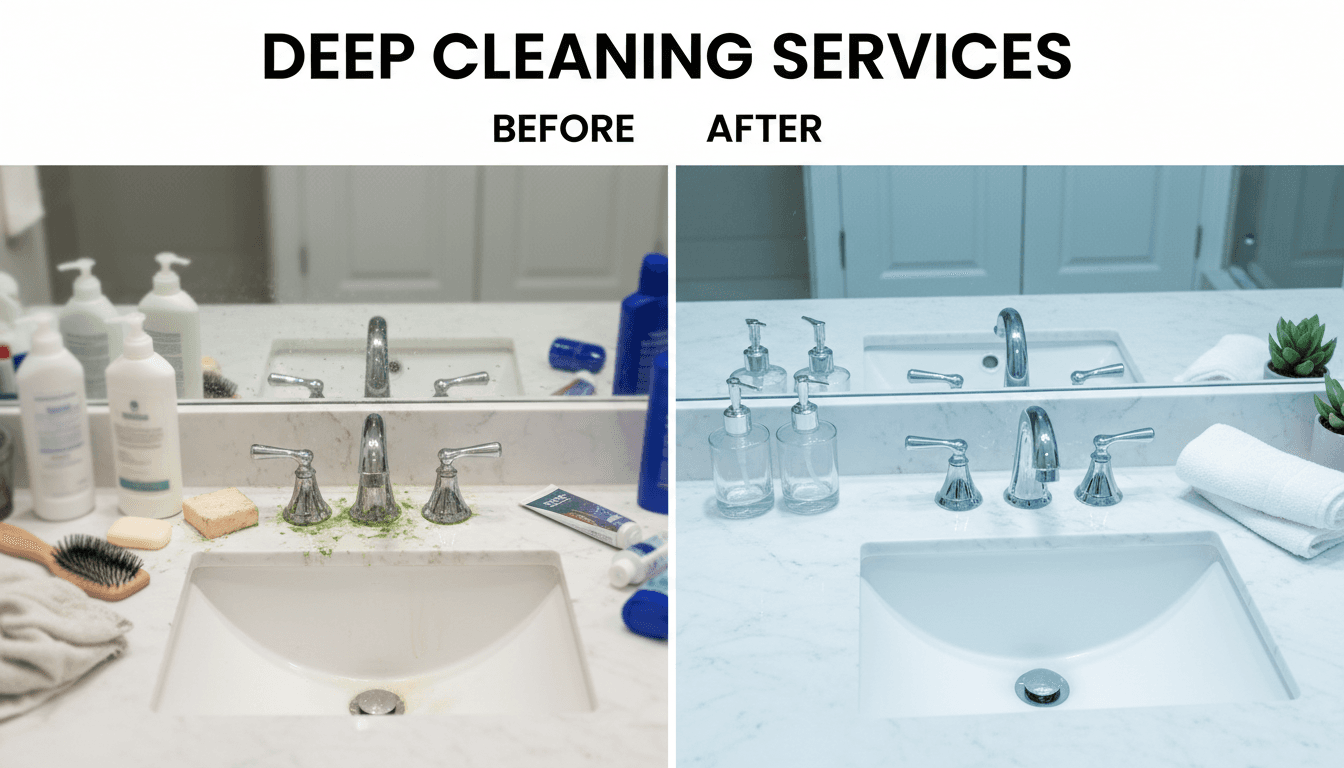 Before-and-after comparison of bathroom vanity showing transformation from cluttered to perfectly organized and gleaming