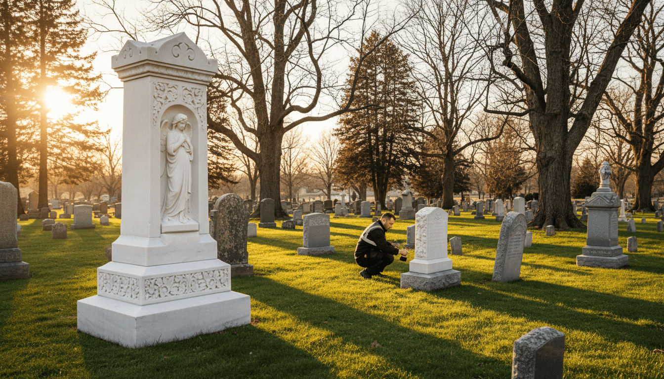 Freshly restored white marble headstone gleaming in golden hour light, surrounded by other cemetery monuments and green grounds