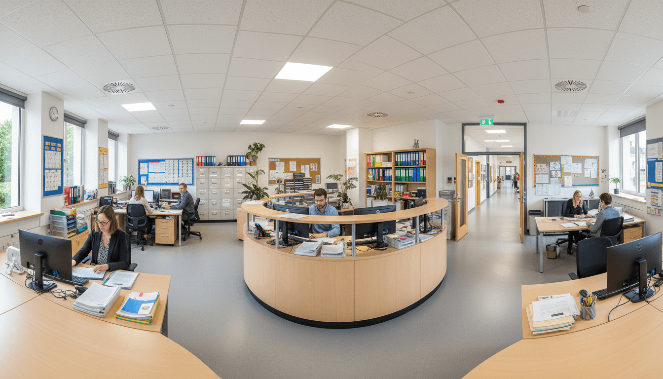 School administrative office with multiple staff members working at desks, computer stations, and filing systems in collaborative workspace