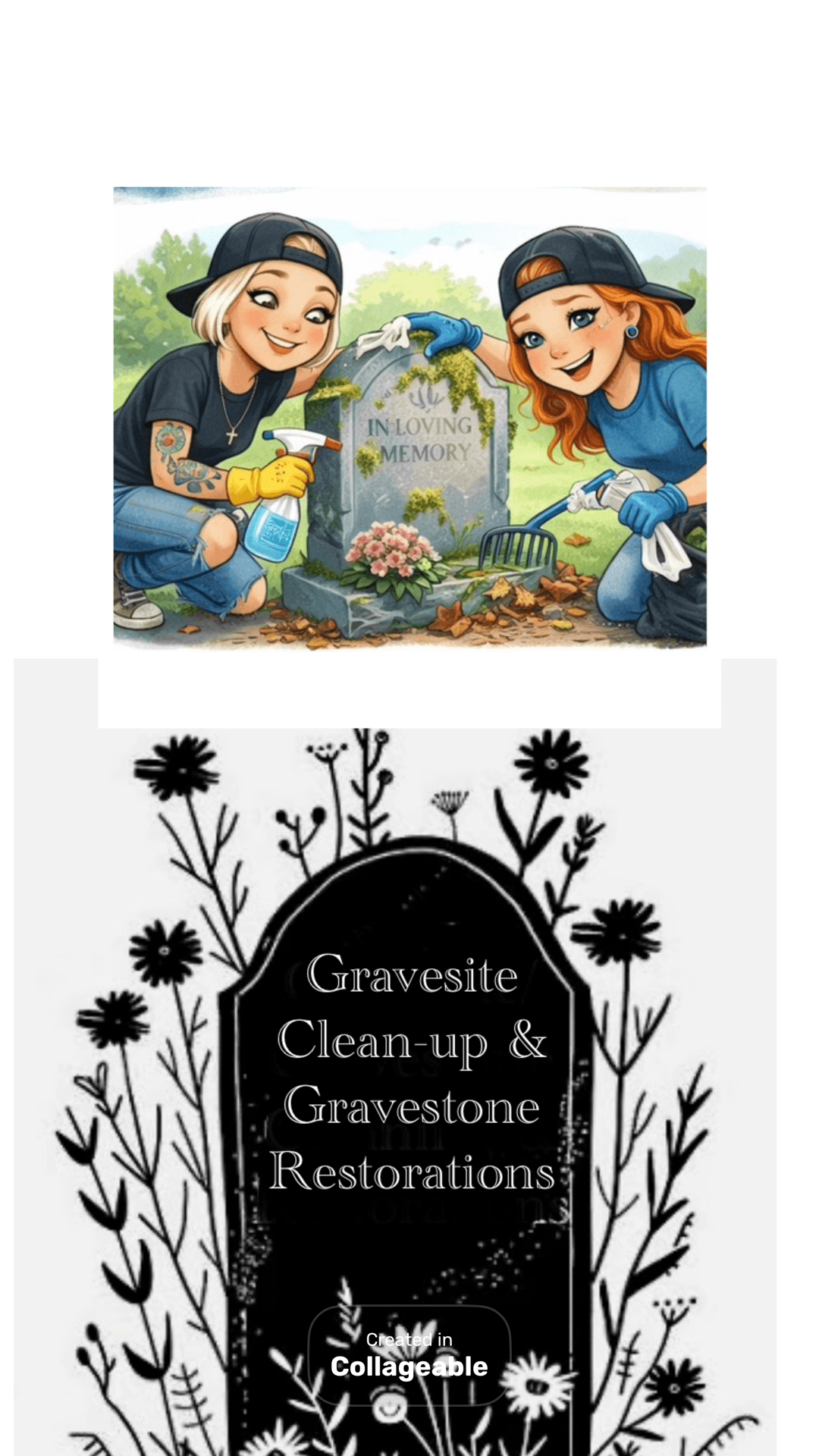 Cartoon women cleaning a gravestone above a gravesite restoration and cleanup service graphic.