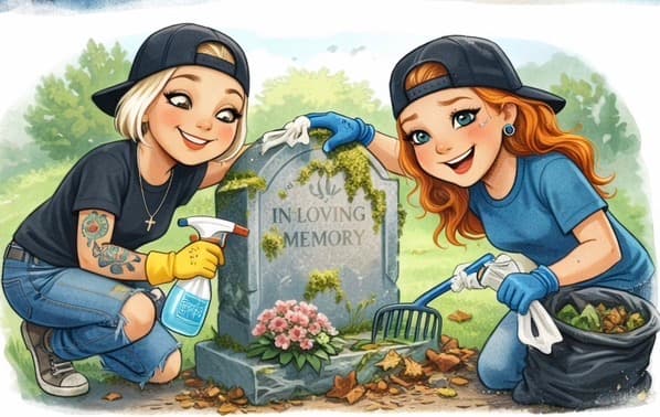 Two smiling girls in baseball caps cleaning a mossy 'In Loving Memory' headstone together.