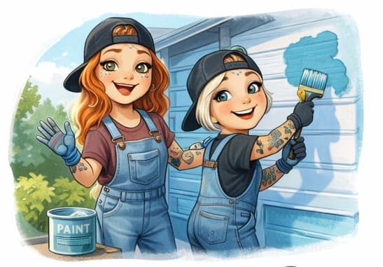 Two cheerful cartoon girls in denim overalls and caps painting a house wall light blue.
