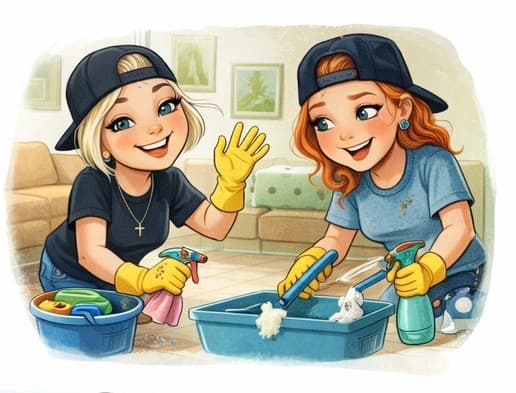 Two smiling cartoon girls in baseball caps and yellow gloves cleaning with spray bottles.