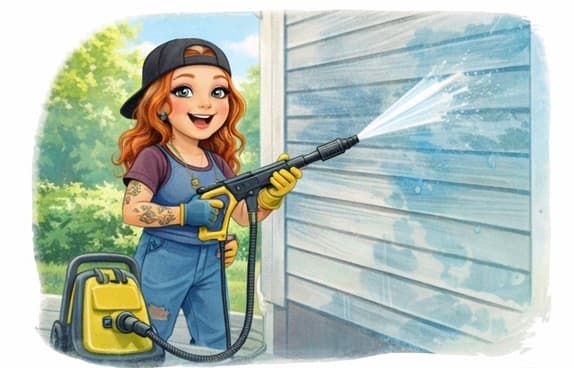 Smiling woman with red hair and tattoos uses a pressure washer on house siding.
