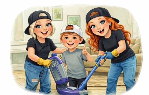 Two women and a boy smiling while cleaning a living room with a purple vacuum.