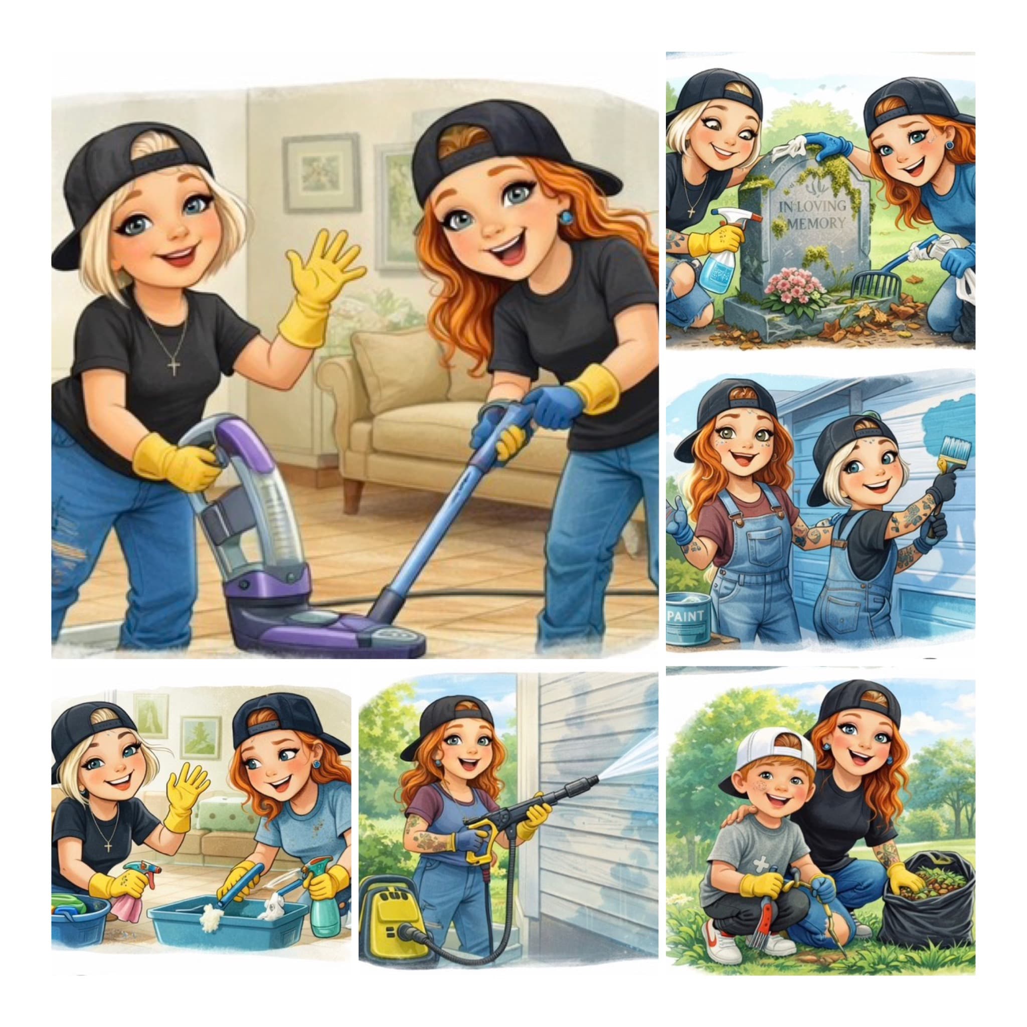 Collage of cheerful cartoon characters performing various indoor and outdoor cleaning, painting, and gardening chores.