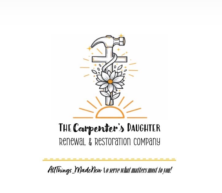 Logo for The Carpenter's Daughter featuring a hammer cross, a flower, and rising sun rays.