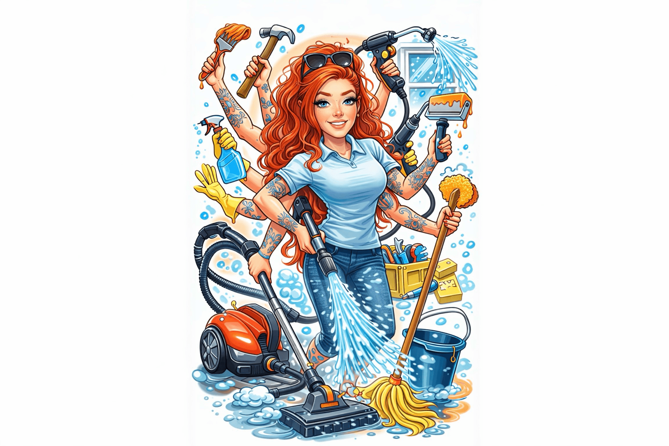 Multitasking red-haired woman with many arms holding various cleaning, painting, and home repair tools.