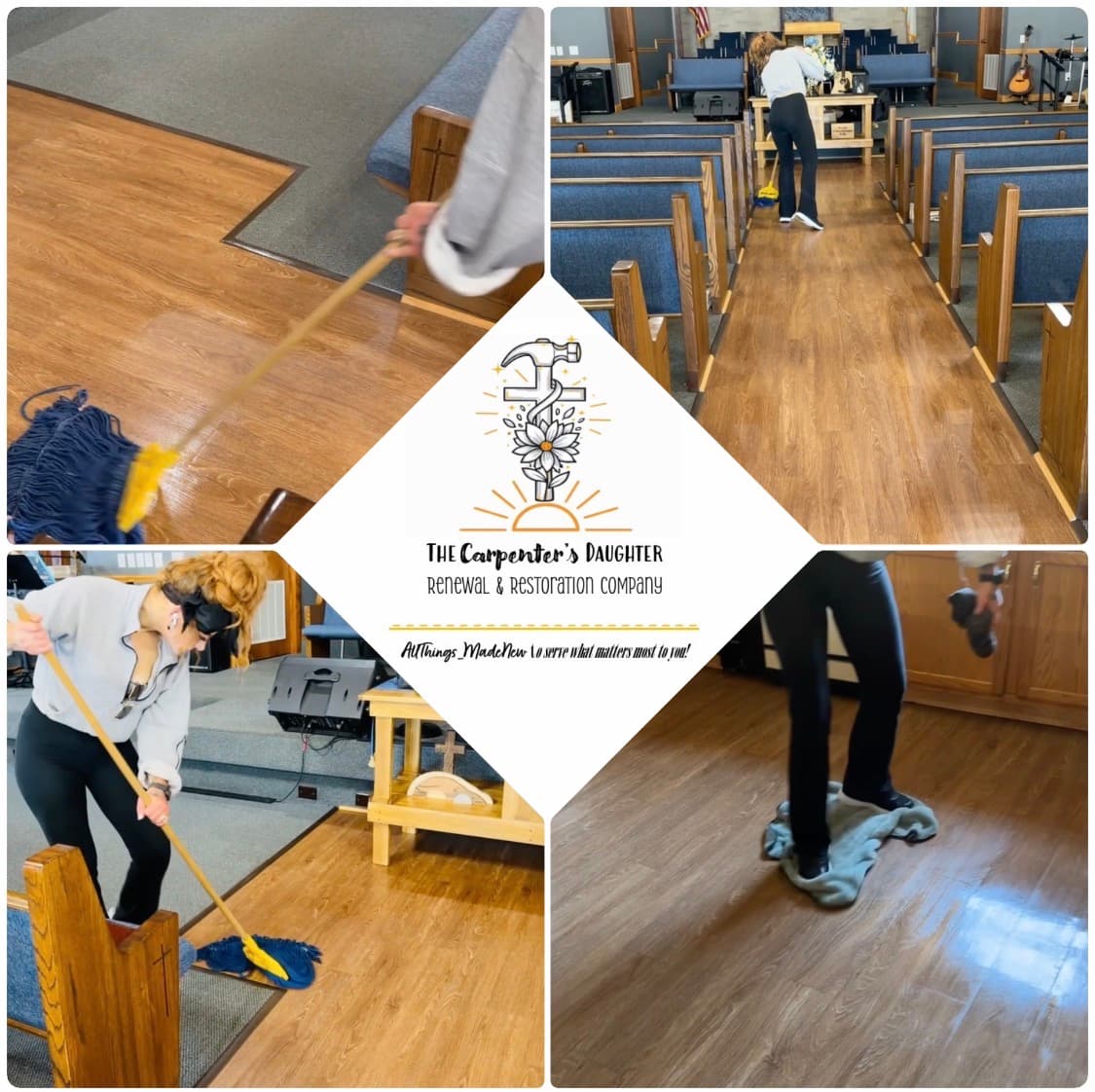 Collage of a woman mopping and cleaning wood floors in a church sanctuary with logo.