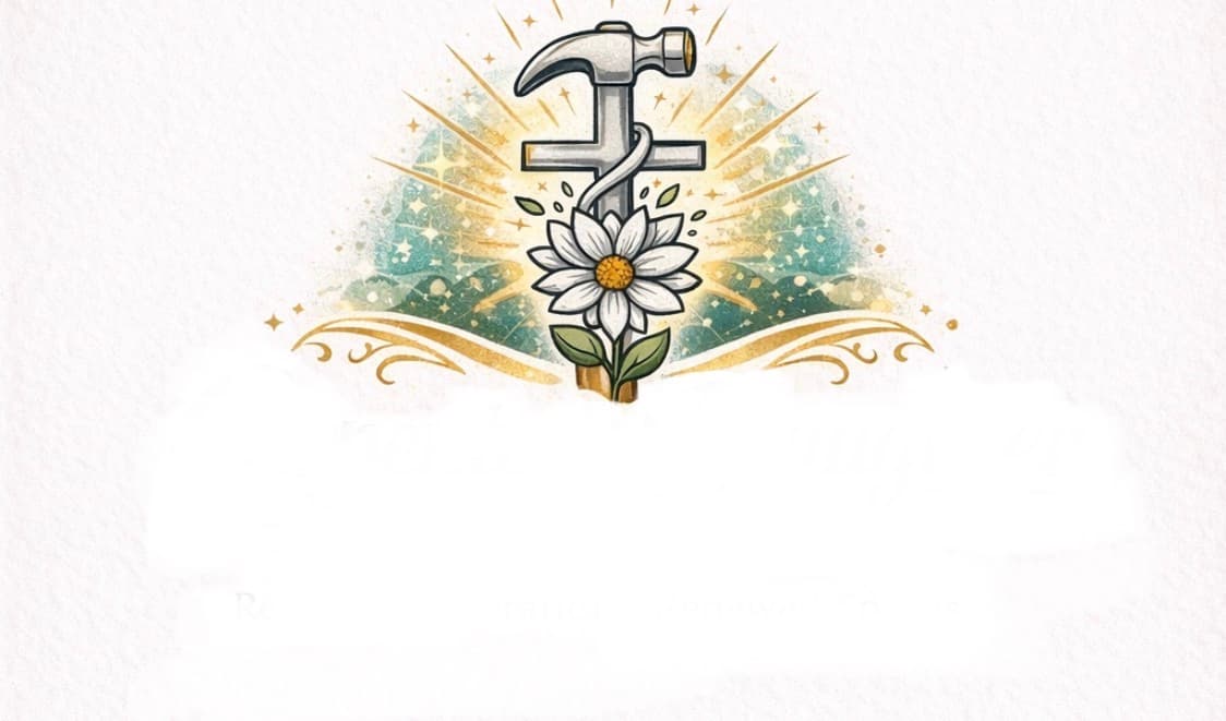 Hammer head atop a cross with a white daisy and radiant golden light rays.